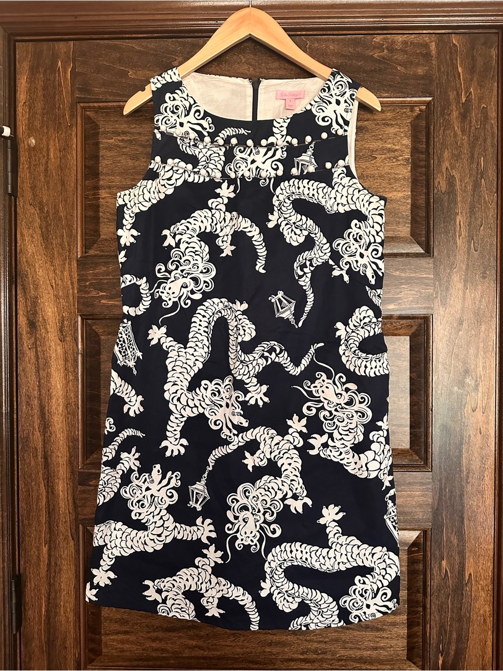Lilly Pulitzer Navy Shift Dress with White Dragon Motif